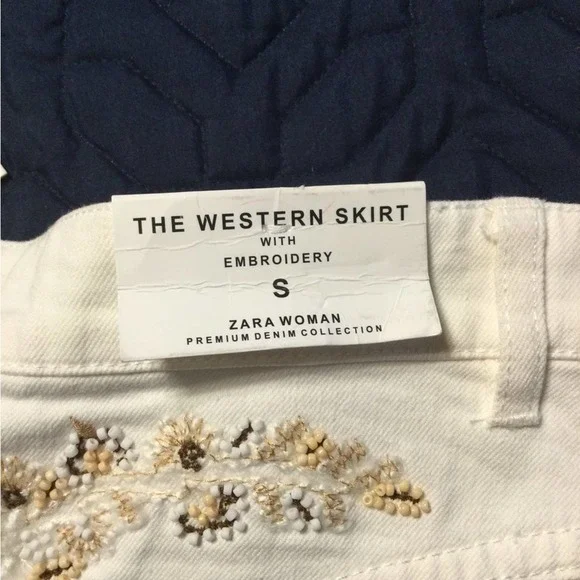 - Zara the western skirt white denim floral bead design fringe hem NEW w… - Picture 6 of 10